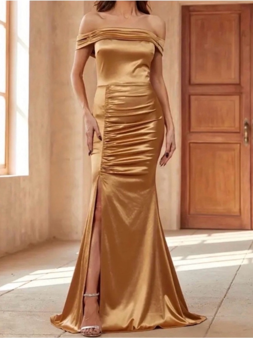 Off-Shoulder Gold Satin Ruched Evening Gown
